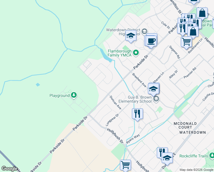 map of restaurants, bars, coffee shops, grocery stores, and more near 152 Springview Drive in Hamilton