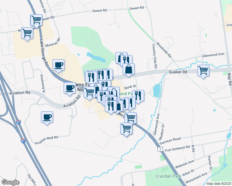 map of restaurants, bars, coffee shops, grocery stores, and more near 752 Upper Glen Street in Queensbury