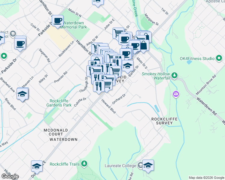 map of restaurants, bars, coffee shops, grocery stores, and more near in Waterdown