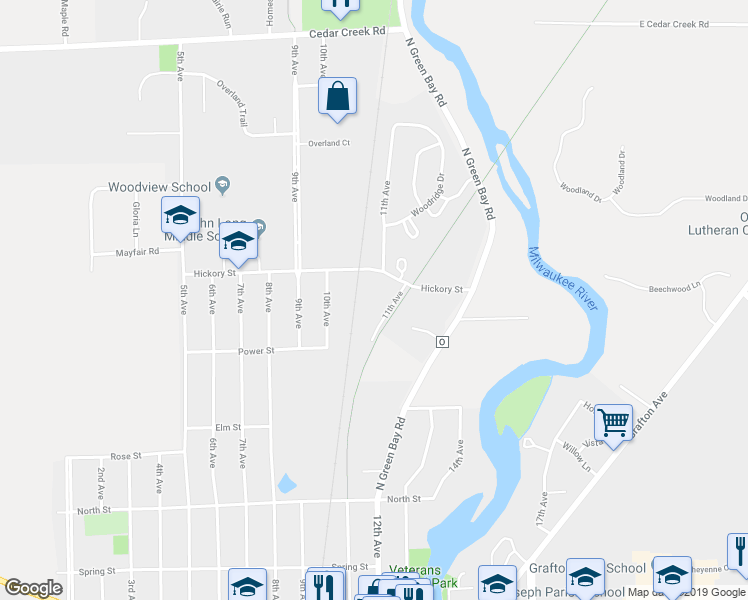 map of restaurants, bars, coffee shops, grocery stores, and more near 1201 Hickory Street in Grafton