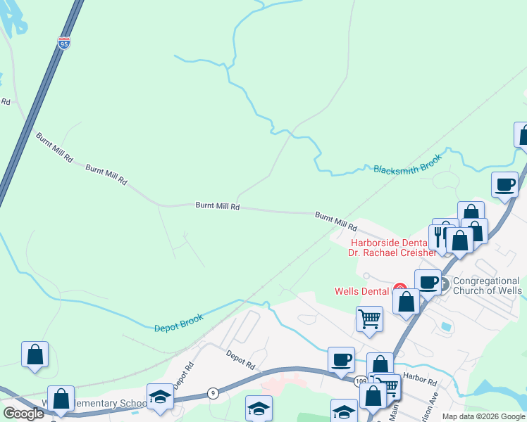 map of restaurants, bars, coffee shops, grocery stores, and more near 254 Burnt Mill Road in Wells