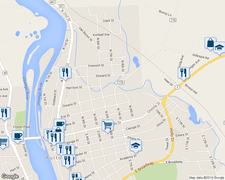 map of restaurants, bars, coffee shops, grocery stores, and more near 154 North 7th Street in Fulton