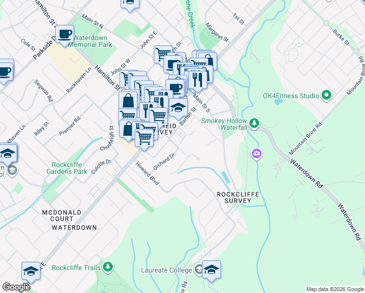 map of restaurants, bars, coffee shops, grocery stores, and more near 40 Hamilton Street South in Hamilton
