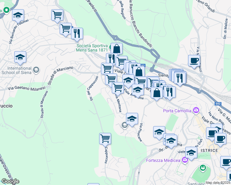 map of restaurants, bars, coffee shops, grocery stores, and more near in Siena