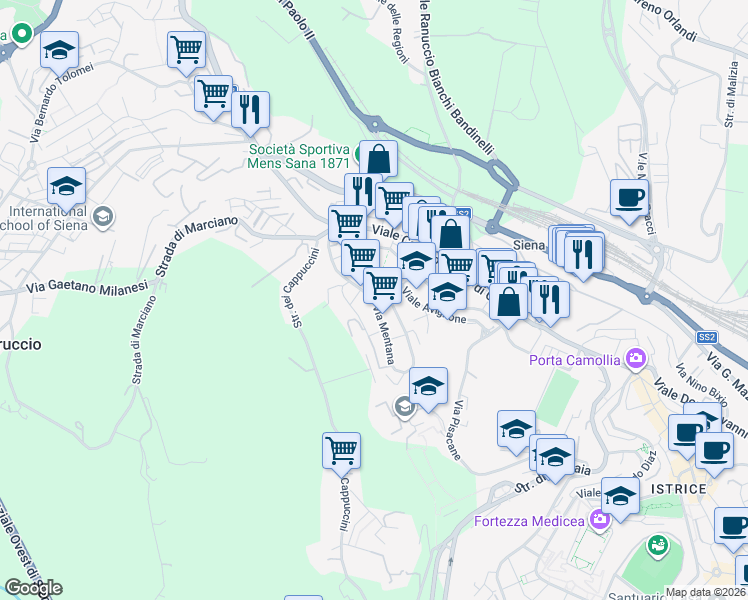map of restaurants, bars, coffee shops, grocery stores, and more near in Siena