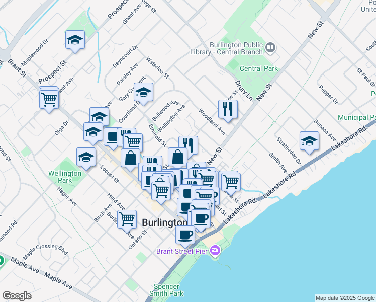 map of restaurants, bars, coffee shops, grocery stores, and more near 503 Martha Street in Burlington