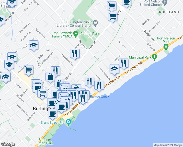 map of restaurants, bars, coffee shops, grocery stores, and more near 392 Smith Avenue in Burlington