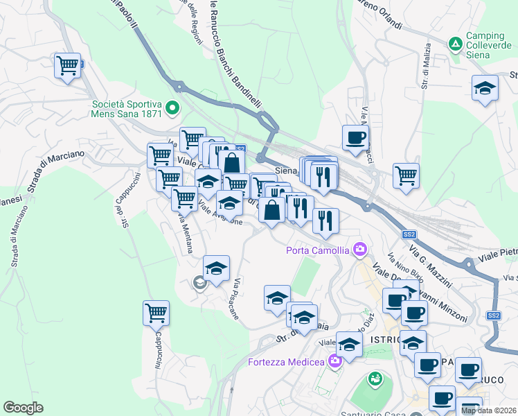 map of restaurants, bars, coffee shops, grocery stores, and more near Via Caduti di Vicobello in Siena