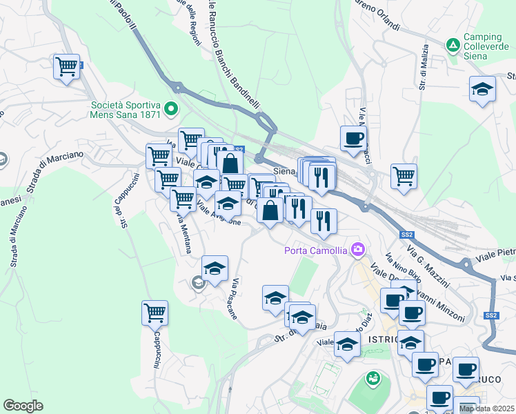 map of restaurants, bars, coffee shops, grocery stores, and more near Via Caduti di Vicobello in Siena