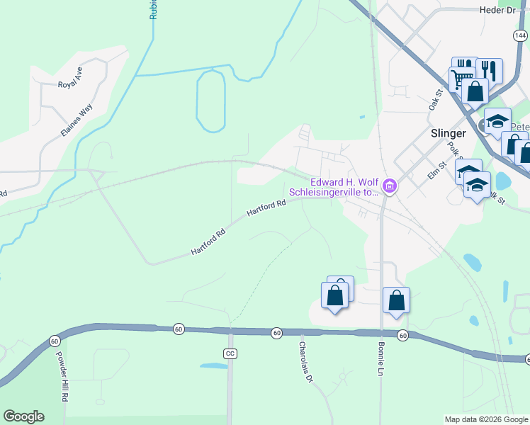 map of restaurants, bars, coffee shops, grocery stores, and more near 295 Hartford Road in Slinger