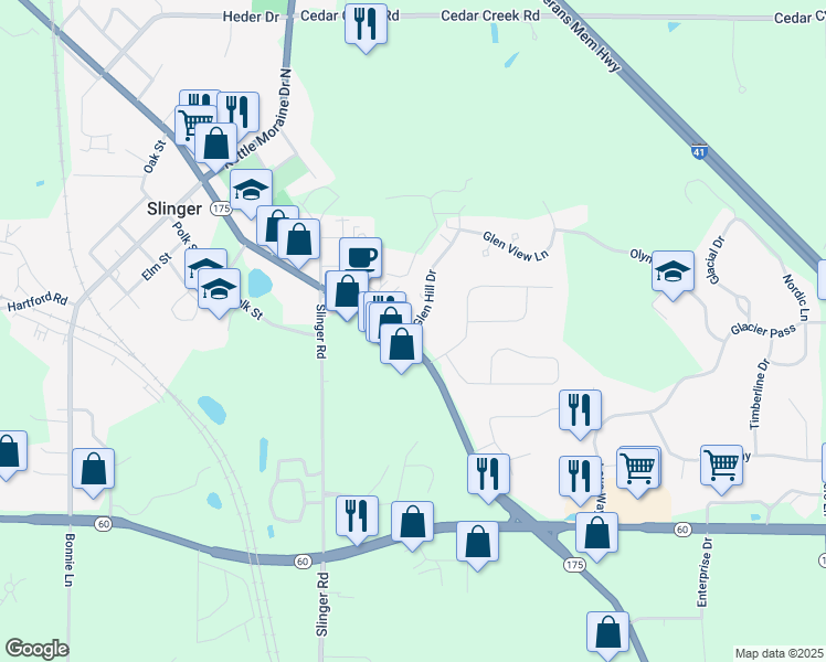 map of restaurants, bars, coffee shops, grocery stores, and more near 106 Glen Hill Drive in Slinger