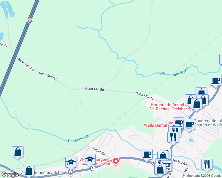 map of restaurants, bars, coffee shops, grocery stores, and more near 261 Burnt Mill Road in Wells