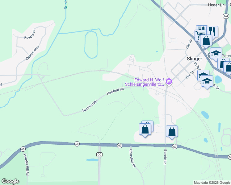 map of restaurants, bars, coffee shops, grocery stores, and more near 295 Hartford Road in Slinger