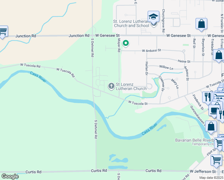 map of restaurants, bars, coffee shops, grocery stores, and more near 1030 West Tuscola Street in Frankenmuth