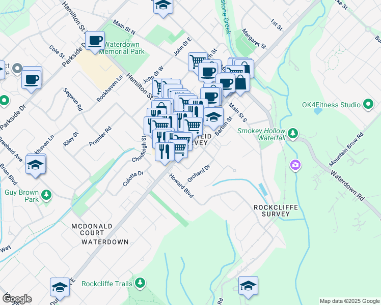map of restaurants, bars, coffee shops, grocery stores, and more near 262 Dundas Street East in Hamilton