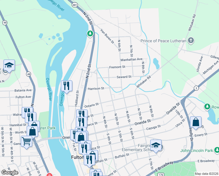 map of restaurants, bars, coffee shops, grocery stores, and more near 171 North 5th Street in Fulton