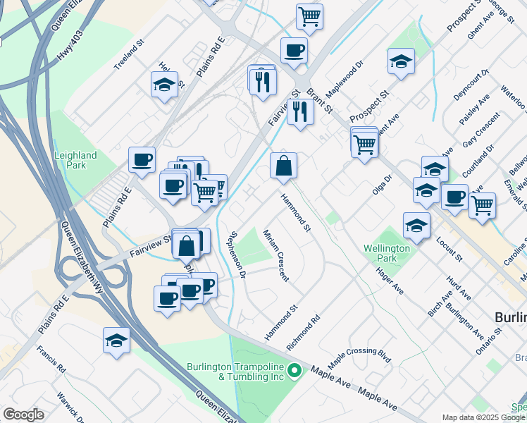 map of restaurants, bars, coffee shops, grocery stores, and more near 1220 Stephenson Drive in Burlington