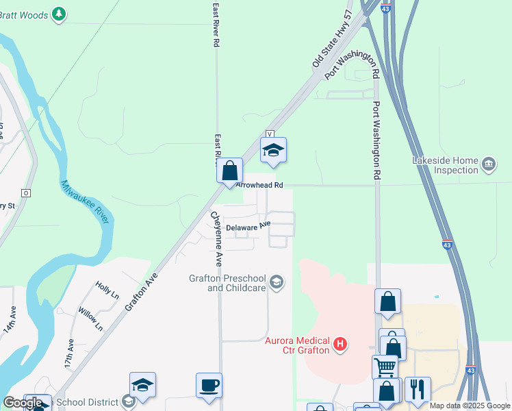 map of restaurants, bars, coffee shops, grocery stores, and more near 709 Delaware Avenue in Grafton