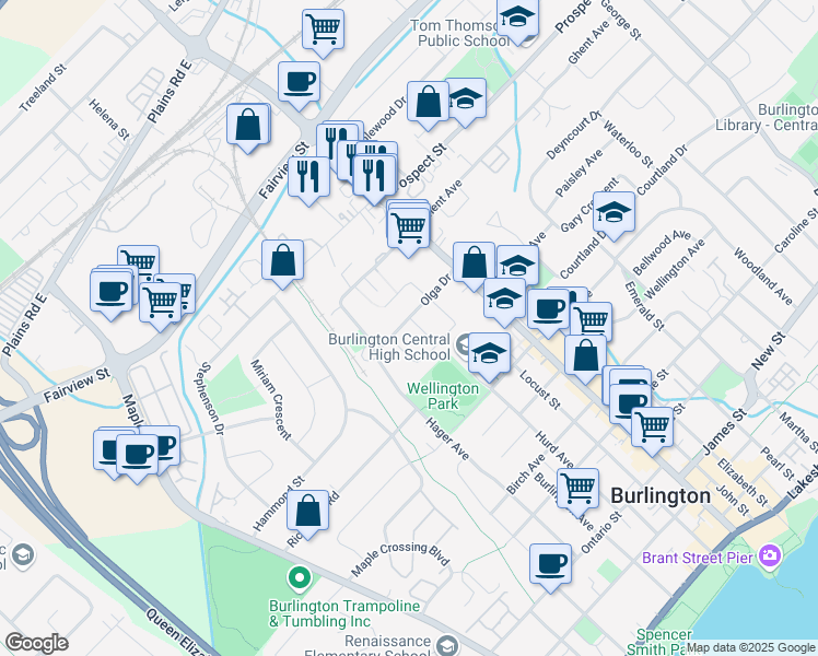 map of restaurants, bars, coffee shops, grocery stores, and more near 722 Brentwood Drive in Burlington