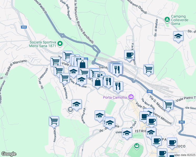 map of restaurants, bars, coffee shops, grocery stores, and more near 2 Via caduti di Vicobello in Siena