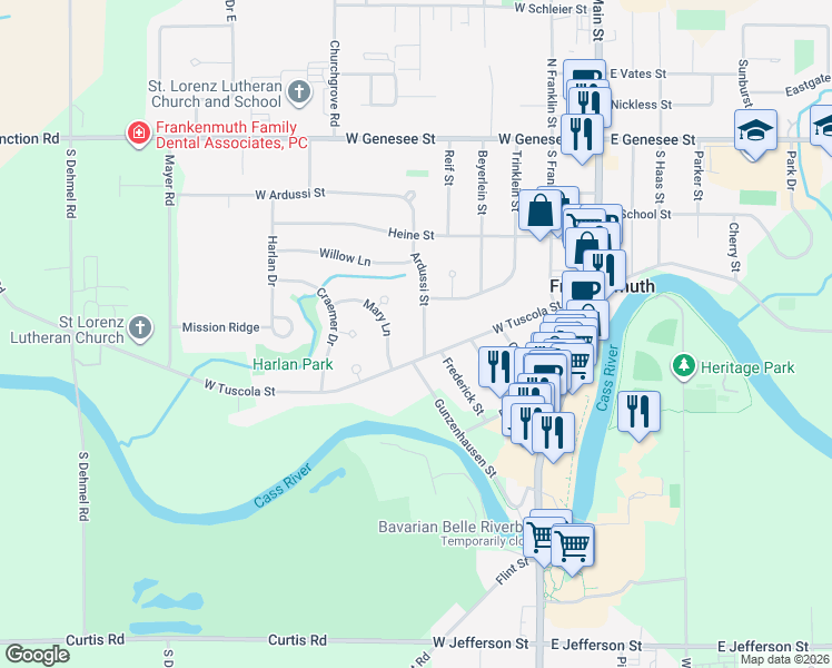 map of restaurants, bars, coffee shops, grocery stores, and more near 430 Ardussi Street in Frankenmuth
