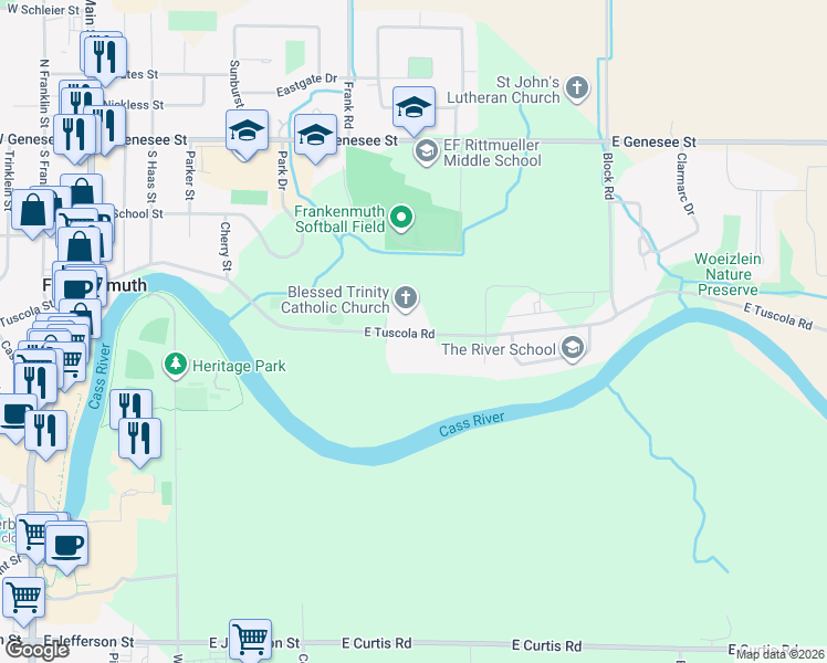 map of restaurants, bars, coffee shops, grocery stores, and more near 945 East Tuscola Road in Frankenmuth