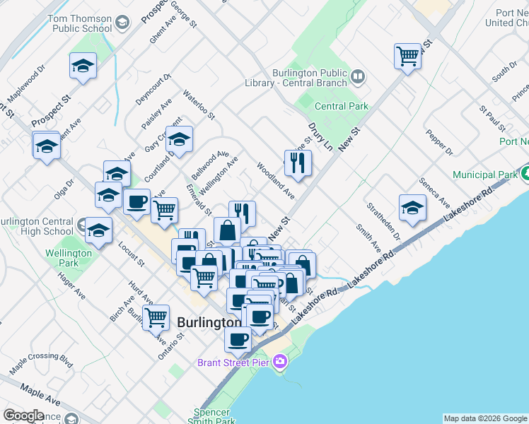 map of restaurants, bars, coffee shops, grocery stores, and more near 489 Holtby Avenue in Burlington