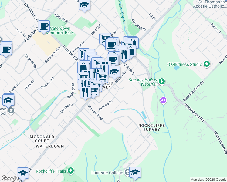 map of restaurants, bars, coffee shops, grocery stores, and more near 30 Hamilton Street South in Hamilton