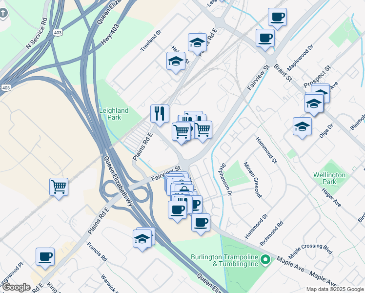 map of restaurants, bars, coffee shops, grocery stores, and more near 1225 Fairview Street in Burlington