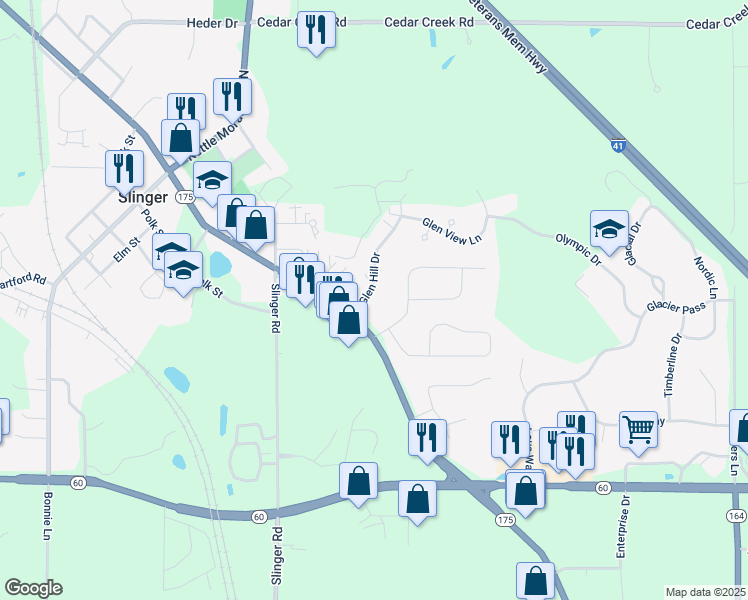 map of restaurants, bars, coffee shops, grocery stores, and more near 106 Glen Hill Drive in Slinger