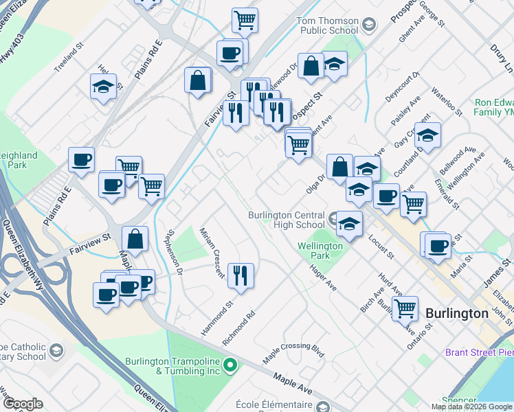 map of restaurants, bars, coffee shops, grocery stores, and more near in Burlington