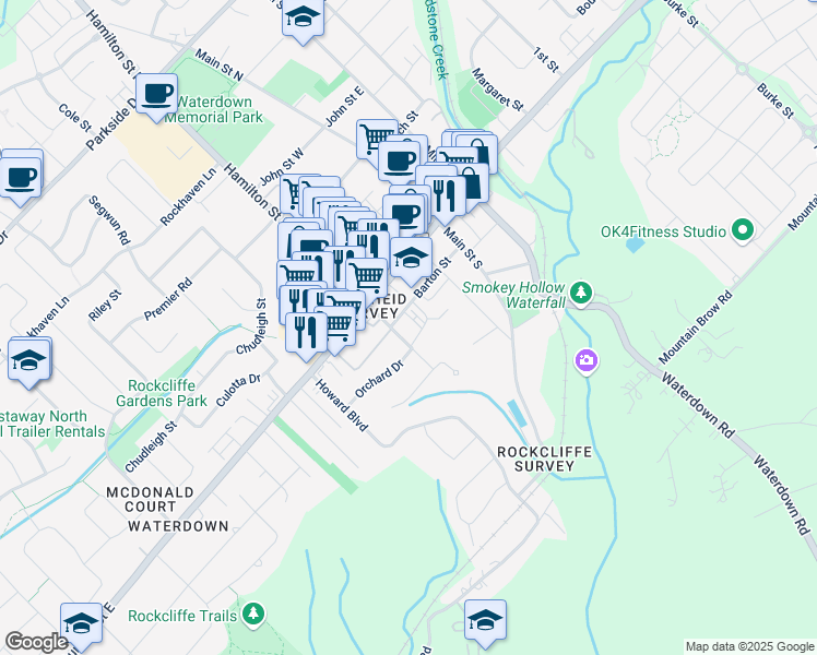 map of restaurants, bars, coffee shops, grocery stores, and more near 30 Hamilton Street South in Hamilton