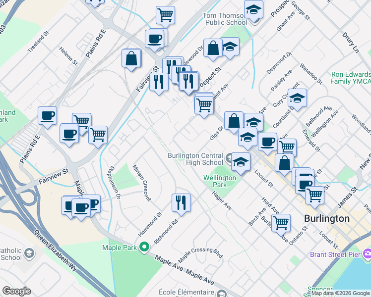 map of restaurants, bars, coffee shops, grocery stores, and more near 743 Hager Avenue in Burlington