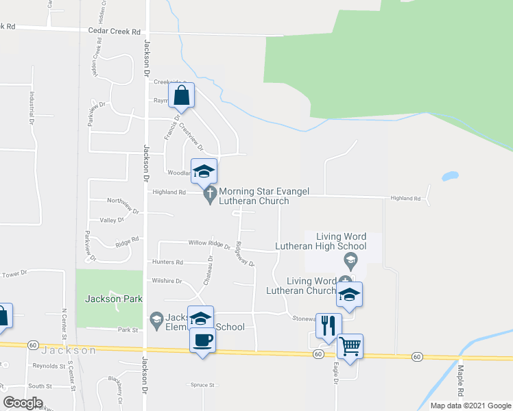 map of restaurants, bars, coffee shops, grocery stores, and more near N171W19860 Cherry Hill Court in Jackson