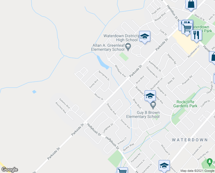 map of restaurants, bars, coffee shops, grocery stores, and more near 152 Springview Drive in Hamilton