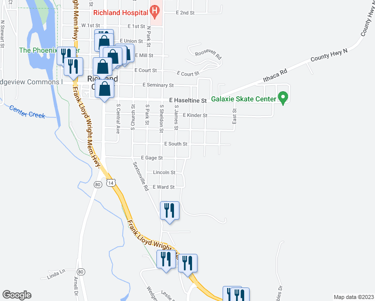 map of restaurants, bars, coffee shops, grocery stores, and more near 650 South Ira Street in Richland Center