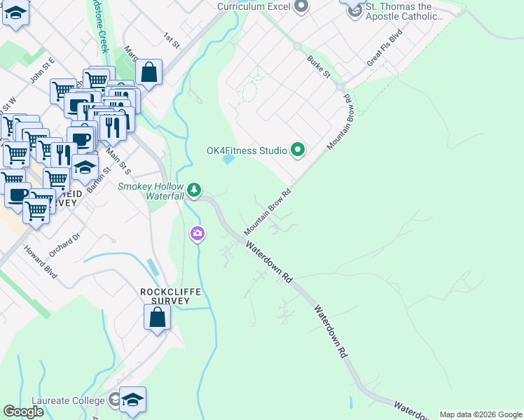 map of restaurants, bars, coffee shops, grocery stores, and more near 346 Mountain Brow Road in Burlington