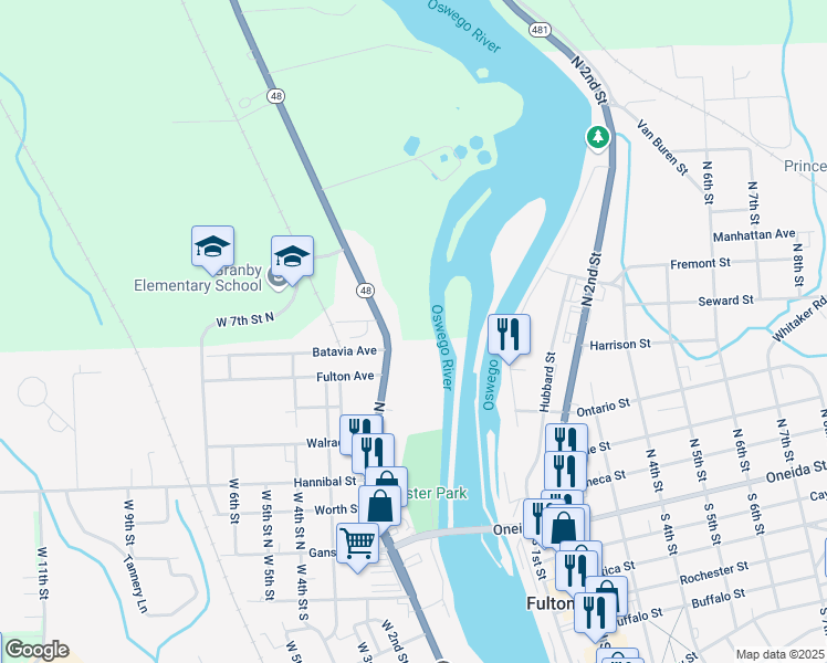 map of restaurants, bars, coffee shops, grocery stores, and more near 1624 New York 48 in Fulton