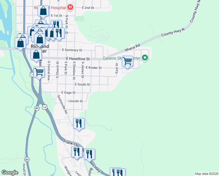 map of restaurants, bars, coffee shops, grocery stores, and more near 645 South Rosa Street in Richland Center