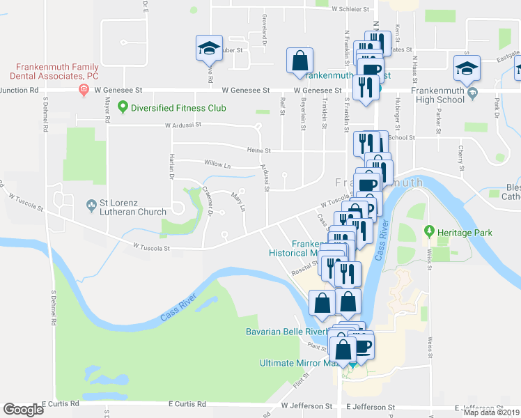 map of restaurants, bars, coffee shops, grocery stores, and more near 430 Ardussi Street in Frankenmuth
