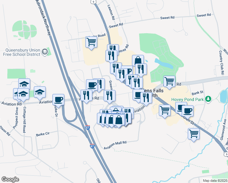 map of restaurants, bars, coffee shops, grocery stores, and more near 4 Greenway North in Queensbury