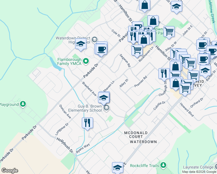 map of restaurants, bars, coffee shops, grocery stores, and more near 10 Rockhaven Lane in Hamilton