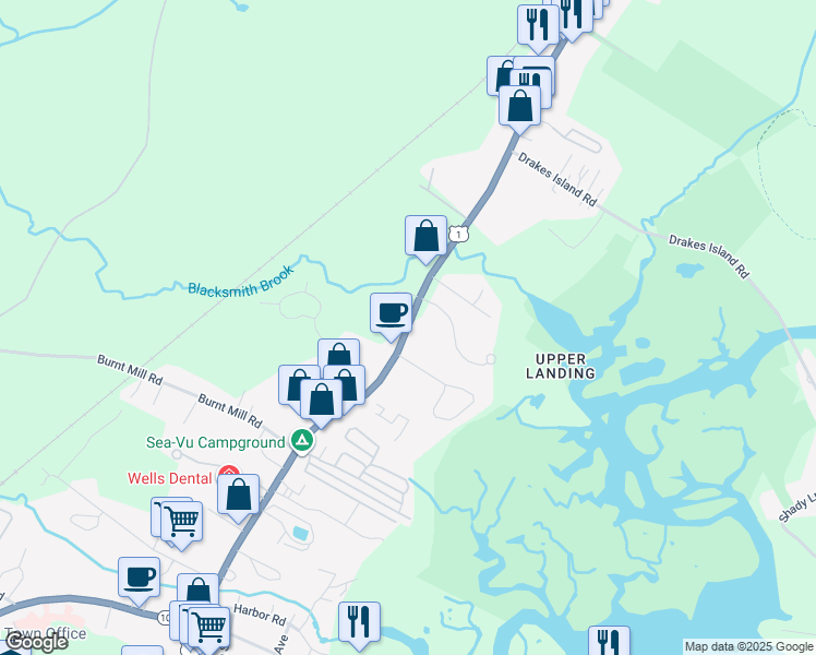 map of restaurants, bars, coffee shops, grocery stores, and more near 1871 Post Road in Wells
