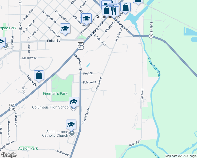 map of restaurants, bars, coffee shops, grocery stores, and more near 752 Waterloo Street in Columbus