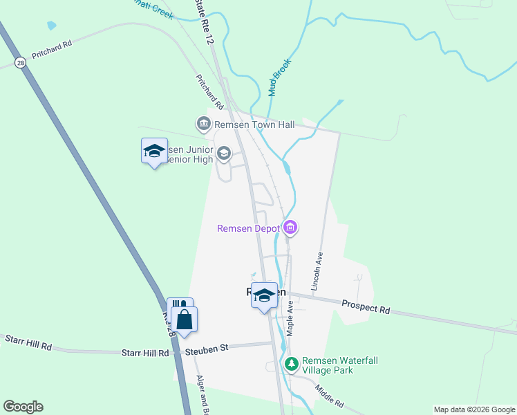 map of restaurants, bars, coffee shops, grocery stores, and more near 9692 Main Street in Remsen