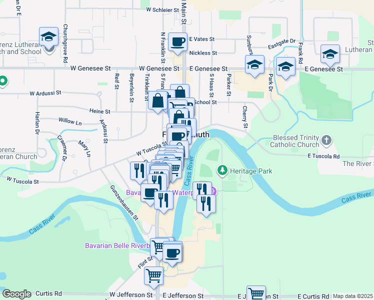 map of restaurants, bars, coffee shops, grocery stores, and more near 435 North Main Street in Frankenmuth