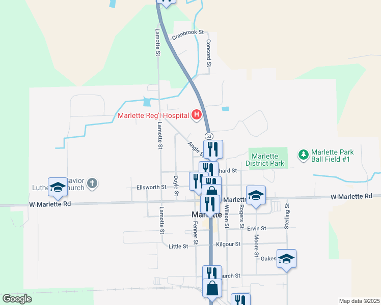 map of restaurants, bars, coffee shops, grocery stores, and more near 2854 Fenner Street in Marlette