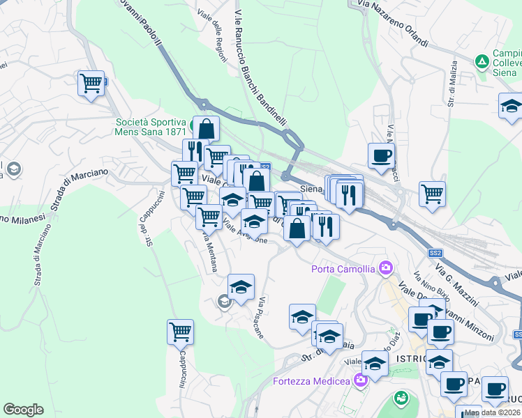 map of restaurants, bars, coffee shops, grocery stores, and more near 130 Viale Camillo Benso Cavour in Siena