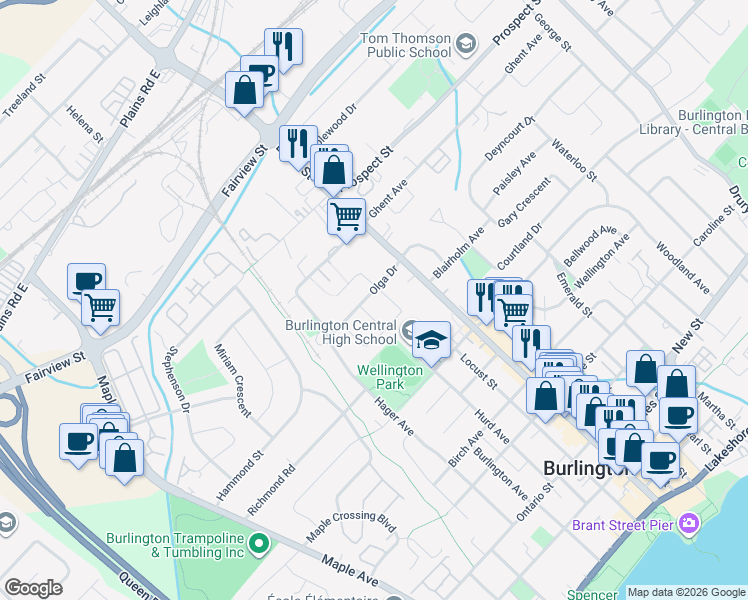 map of restaurants, bars, coffee shops, grocery stores, and more near 1432 Olga Drive in Burlington
