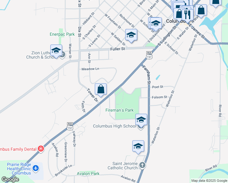 map of restaurants, bars, coffee shops, grocery stores, and more near 1049 Park Avenue in Columbus